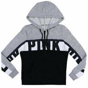 Victoria's Secret Pink Full-Zip Hoodie Sweatshirt Colorblock Black/Gray/White